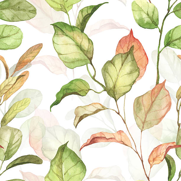 istock Seamless pattern with watercolor painted leaves - juicy green spring leaf and golden fall 2223370754