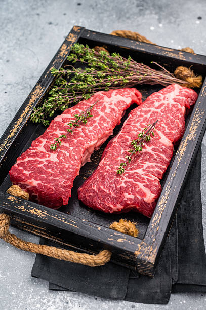 istock Exquisite beef shoulder tender, denver steak waiting to be transformed into a gourmet dish. Ideal for grilling or roasting for an unforgettable dinner. grey background. top view 2223372061