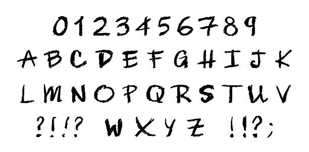 istock English alphabet and numbers 0-9, hand-drawn in a black wax crayon or charcoal style on a board. Highlighter effect, perfect for kindergarten drawing, learning and creative design. Vector illustration 2223374681