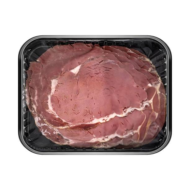 istock Packaged sliced deli meat in a black tray on a white background. 2223377781