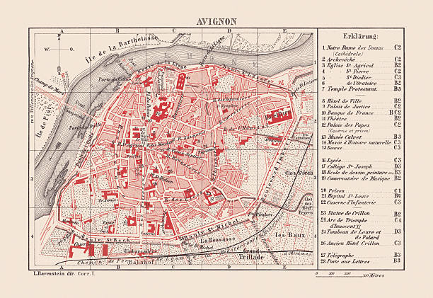 Historical city map of Avignon, Provence, France. Lithograph, published in 1880.