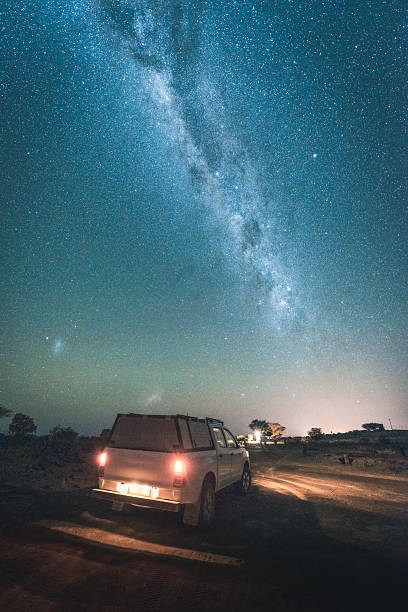 istock Pickup truck under starry sky with Milky Way in remote wilderness setting 2223392944