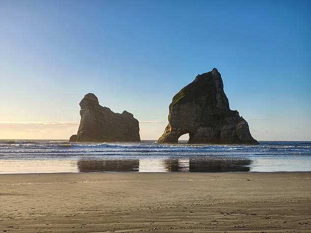 istock Coastal Harmony: Wharariki Beach's Archway Islands in Reflective Golden Light 2223397984