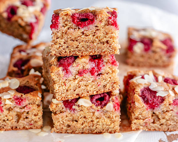 Close-up of sliced homemade raspberry almond cake