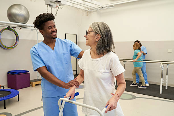 istock Patients and physiotherapists interacting during rehab 2223415999