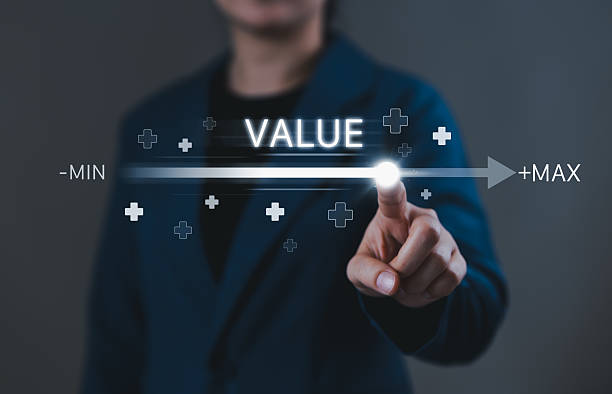 Business Value Added Concept. Businessperson touching slider moving from minimum to maximum, value increase, service enhancement, company value added, add mindset, and strategic business growth.
