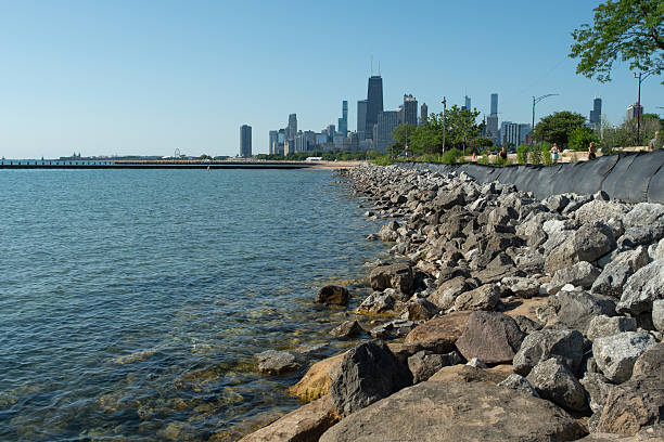 The Chicago skyline at sunrise as seen from North Avenue Beach