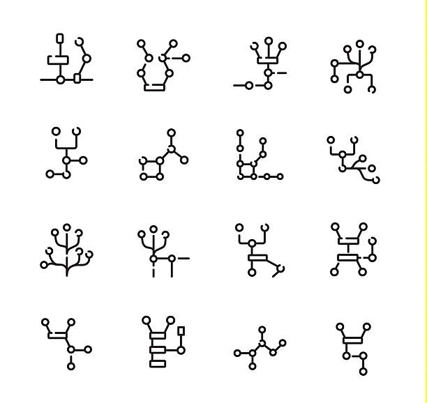 Code Fork Icons Set Showing Branching, Merging, Git Workflow, Version Control, and Development Process, Vector Line Icons, Editable Stroke A collection of vector icons representing code fork, branching, merging, repository structure, git workflow, development process, and version control system in colorful line style. networking topology diagrams stock illustrations