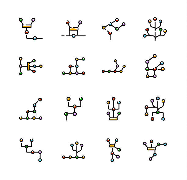 Code Fork Icons Set Showing Branching, Merging, Git Workflow, Version Control, and Development Process, Vector Line Icons, Editable Stroke A collection of vector icons representing code fork, branching, merging, repository structure, git workflow, development process, and version control system in colorful line style. networking topology diagrams stock illustrations
