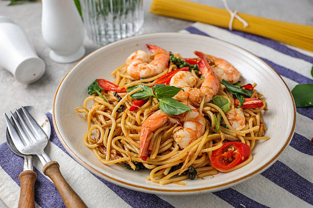 istock Stir Fried Spicy Spaghetti with shrimps in a white plate 2223433119