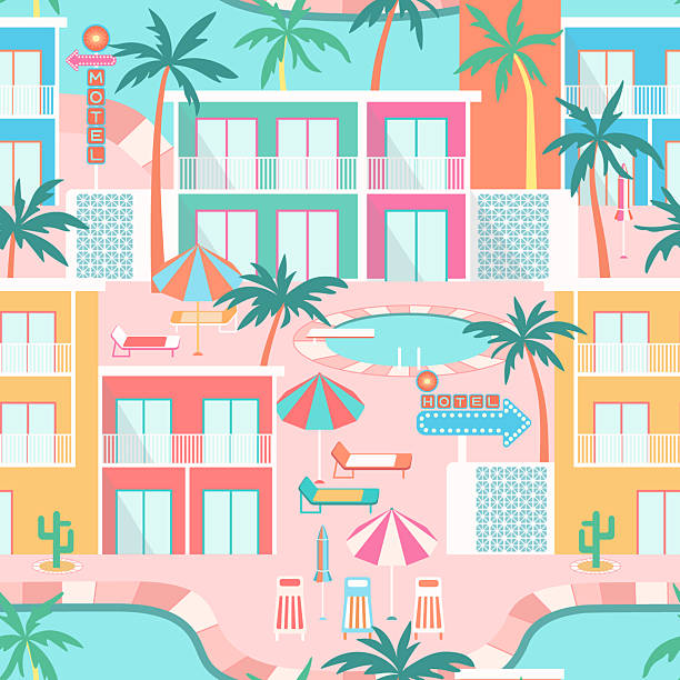Tropical hotel scene seamless pattern. Colorful poolside resort landscape with palm trees, sun loungers, parasols, motel buildings, turquoise pool, retro motel signs in mid-century modern style