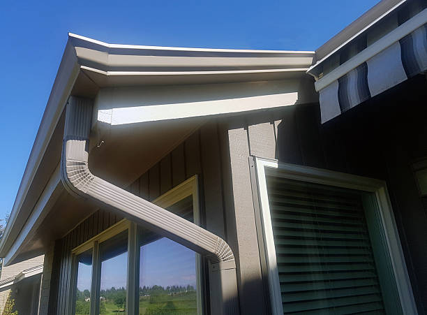 Exterior of Rooftop of home showing gutter, galvanized drain pipe,eaves trough and Soffit. Windows below with reflection.