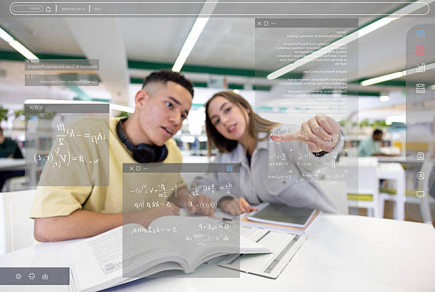 POV of two Latin American students interacting with a screen in a physics class while solving equations