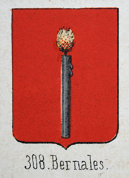 Medieval heraldry, Coat of arms, Shield with, burning, silver, candle, red, Spanish, Vintage illustration
