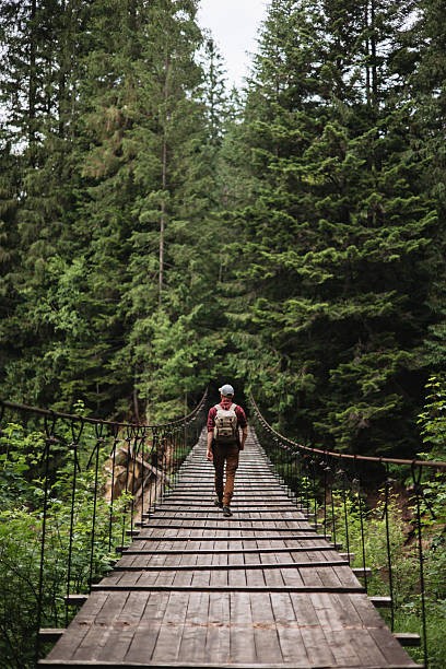 istock Unrecognisable Man Walking on Suspension Bridge in Scenic Forest Landscape 2223446961