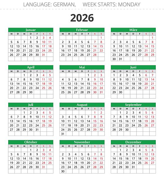 German Calendar For 2026 Year Vector Germany Stock German Calendar For 2026 Year Vector Germany 