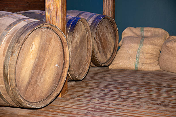 Rustic warehouse with sea voyage provisions, sacks and barrels