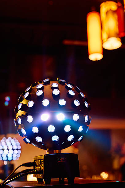 Disco ball projecting bright beams of light on a dance floor, creating a festive atmosphere