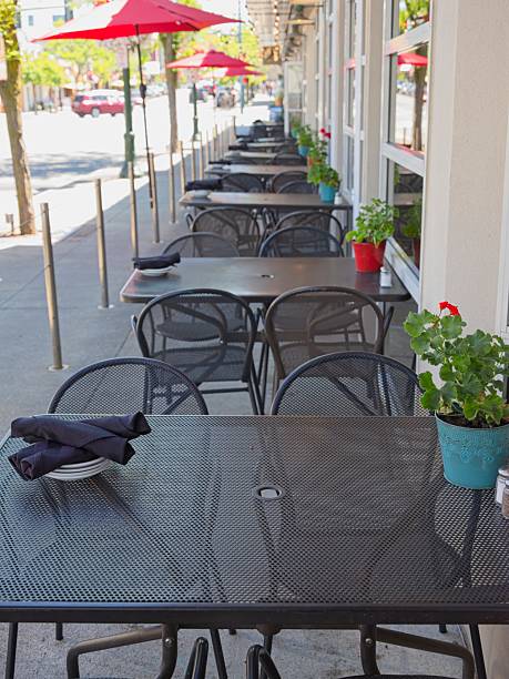 istock Tables in lined up outside a restaurant. 2223457126