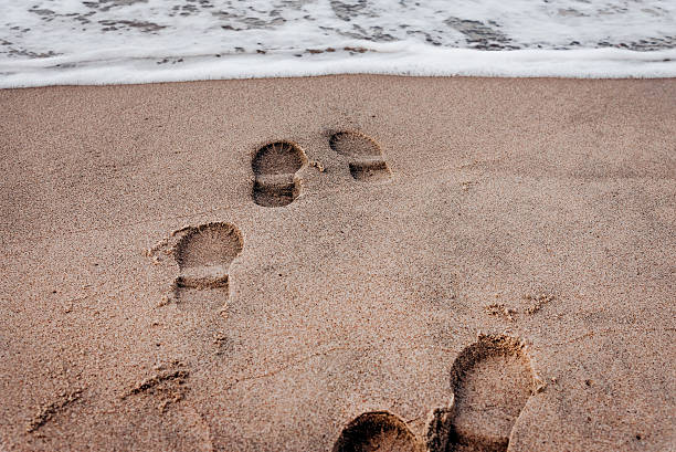 istock Sandy yellow beach with sea in background, footprints in sand 2223462064