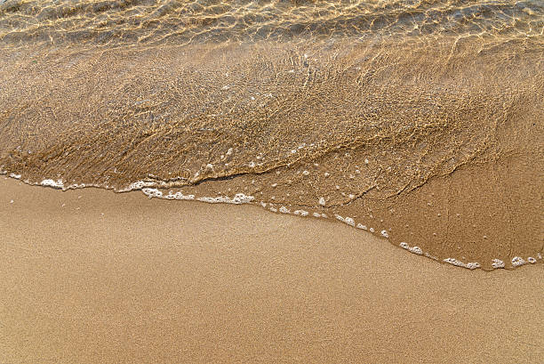 istock Sandy yellow beach with sea in background, wave ocean in sand 2223462179