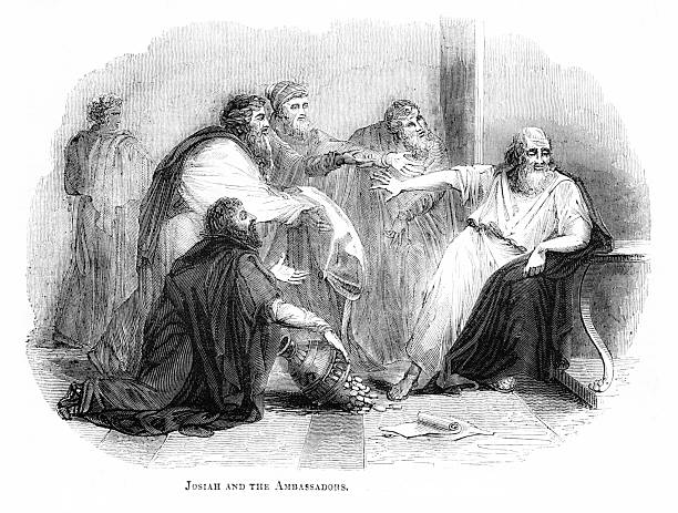 Israeli King Josiah meets with Egyptian ambassadors sent by Pharaoh Necho II telling him they need to pass through to fight another army (not the Israelites). Josiah fights them instead and died from an archer's arrow. (2 Kings 23:29-30 and 2 Chronicles 35:20-24.) Illustration published 1837. Original edition is from my own archives. Copyright has expired and is in Public Domain.