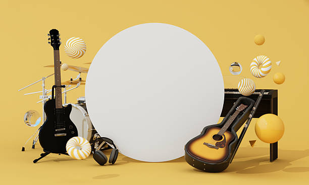 istock Musical instruments with a blank circle centerpiece on a yellow background, ideal for promotions or announcements. 3d rendering. 2223476812