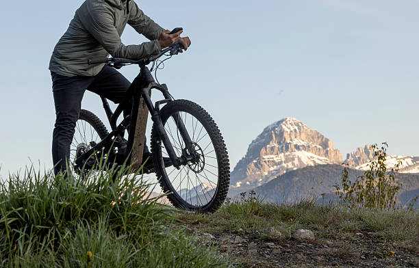 Mountain biker uses mobile phone in mountain meadow