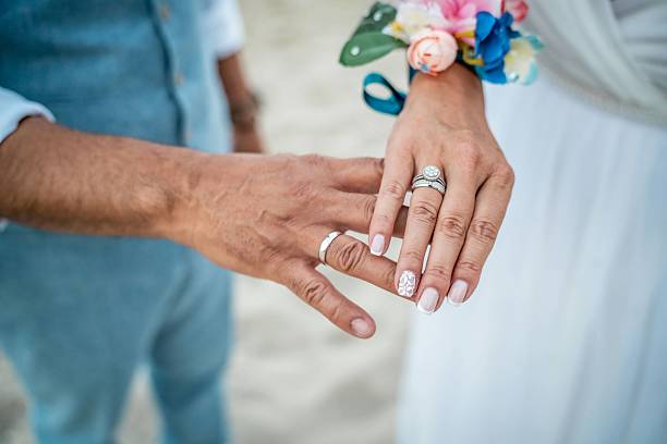 istock Romantic Beach Wedding: Close-Up of Couple's Hands with Rings 2223479025