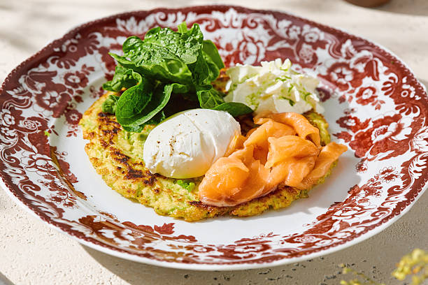 istock Zucchini draniki with salmon and poached egg, bright rustic lighting, closeup composition 2223480356