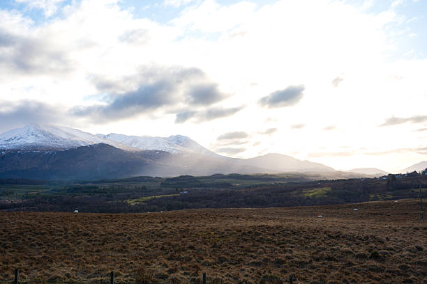 A scenic view of a road leading into a vast, rugged landscape with snow-capped mountains under a cloudy sky the Scottish Highlands