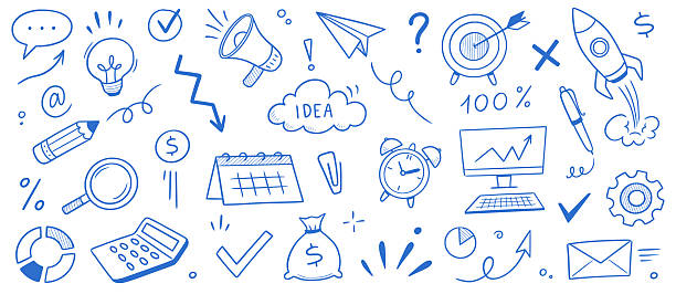 istock Business sketch icon money and idea set. Hand drawn sketch elements for team, goal, startup and success. Business icon chart, office clock, rocket progress job concept. Vector 2223486602