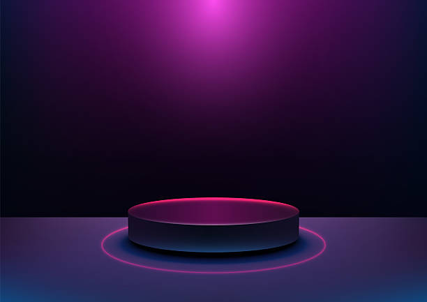istock Futuristic Black Podium with Neon Pink and Blue Rim on Reflective Surface Under Magenta Spotlight for Technology Product Display, Showcase, Presentation, Mockup, and Studio Background Use 2223487085