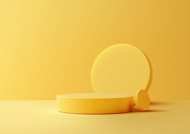istock 3d yellow podium mockup with circular backdrop for product display, modern minimal scene, abstract composition, geometric platform design template for branding or showcase 2223487103