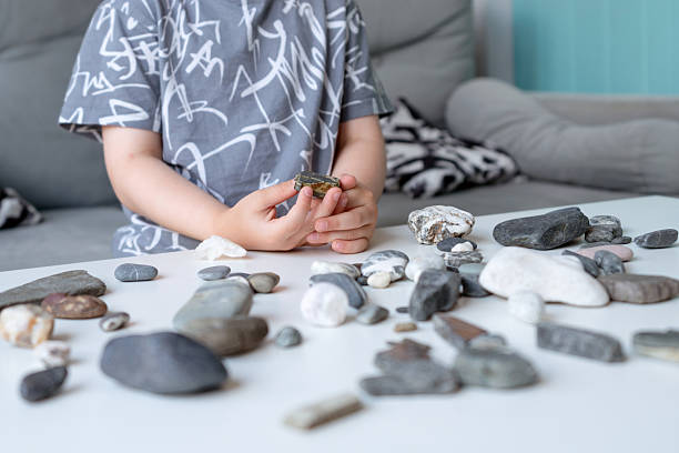 A young boy engaging with an assortment of rocks and stones on a table in his living room. The activity reflects curiosity, creativity, and peaceful leisure time in a home environment.