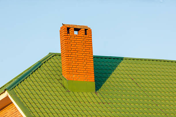 A green roof with a brick chimney on top