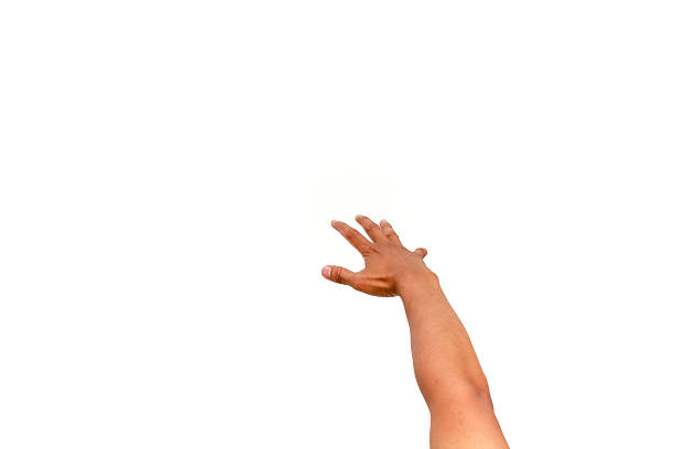 A reaching hand isolated on white suggests aid, aspiration, or connection in a simple composition