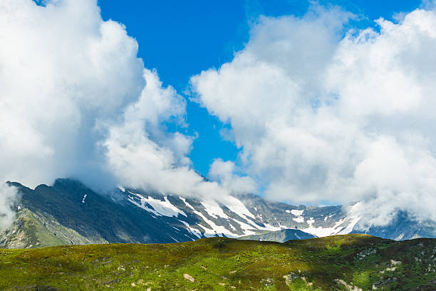 Beautiful mountain scenery featuring snow-capped peaks, vibrant green foothills, and dynamic clouds under a blue sky, evoking tranquility and nature’s grandeur.