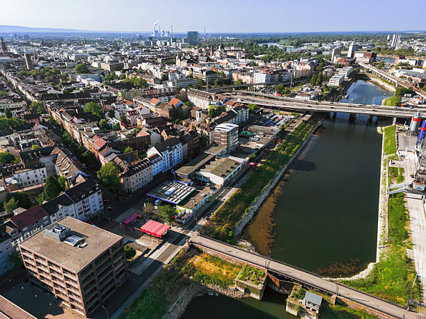 arial view on canal with Jungbusch quarter at one side and industrial area on the opposite site in Mannheim at sunny morning