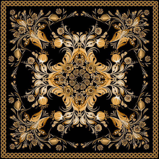Scarf floral pattern from golden flowers and herbs on a black background