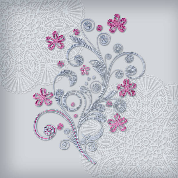 Floral design, imitation of paper work, quilling technique. Render of 3D model. Round openwork lace doily. Imitation of crochet.