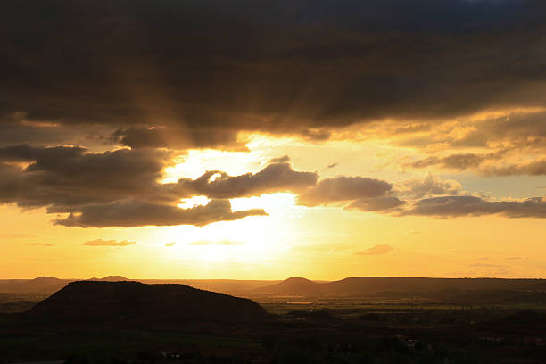 Panoramic view with lovely sky with Stratocumulus clouds at sunset in Alcaraz town, Albacete, Spain