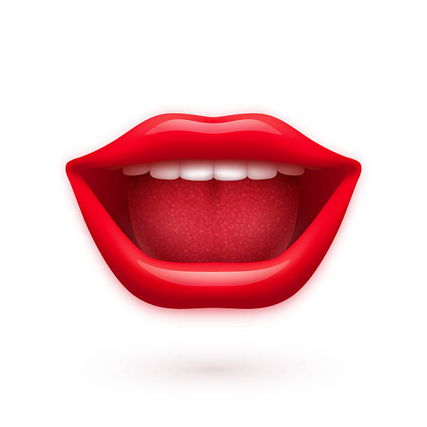 istock Red and glossy open mouth with teeth and tongue. Detailed smiling lips icon related to chat, speech, beauty, cosmetics, makeup, art and fashion. Modern vector illustration isolated on white background 2223530970