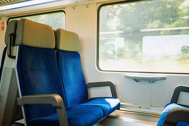 istock Empty window seats on a passenger train in Europe. Blurred, bright exterior view, wide angle, no people 2223530996