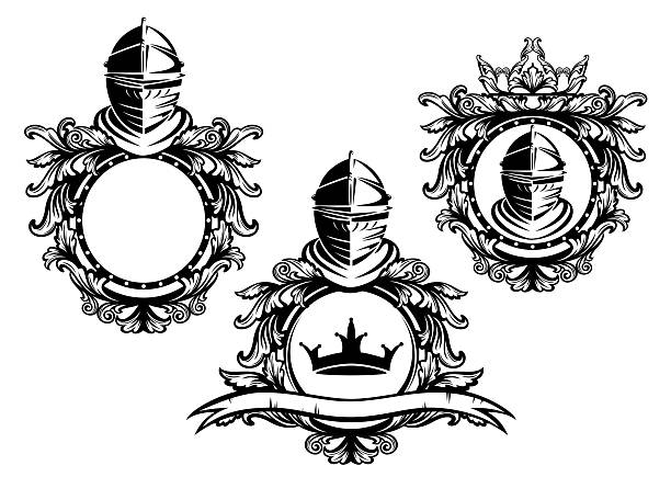 medieval knight helmet with luxurious heraldic emblem with royal crown decor - fantasy hero warrior head monochrome vector design