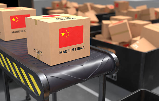 istock Made in China products on conveyor belt. 3D illustration 2223533097