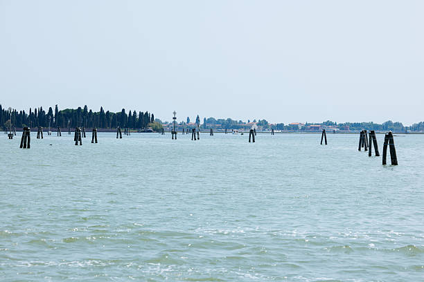 Tranquil seascape with wooden poles and distant shoreline, lifestyle concept