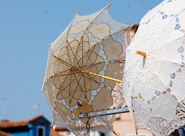 istock Delicate lace umbrellas against blue sky in sunny outdoor setting 2223538624