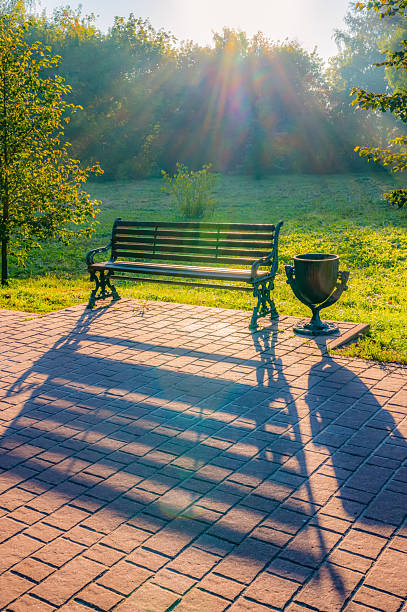 istock Bench is sitting on a brick path in a park 2223546378