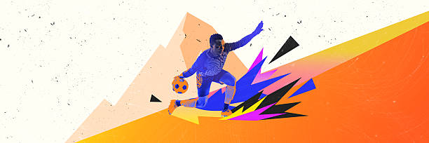istock Bold banners, posters, flyers. Soccer goalkeeper in motion with abstract background design 2223546984